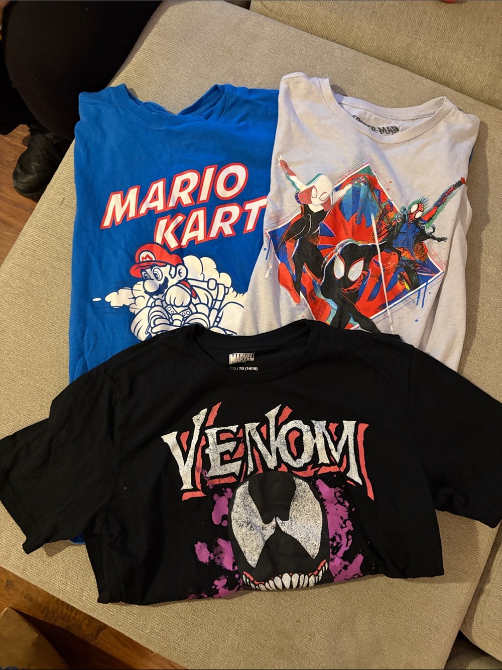 Mix It Kids Mario Kart Blue Tee, Spider-Verse Light Gray Tee, Venom Black Tee